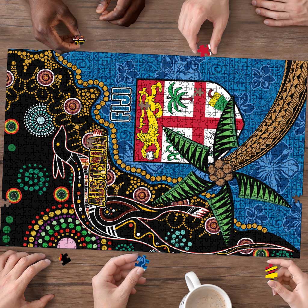 Fijian and Australian Culture Together Puzzle Aboriginal Art and Tapa Motifs with Kangaroo and Palm Tree - Polynesian Pride