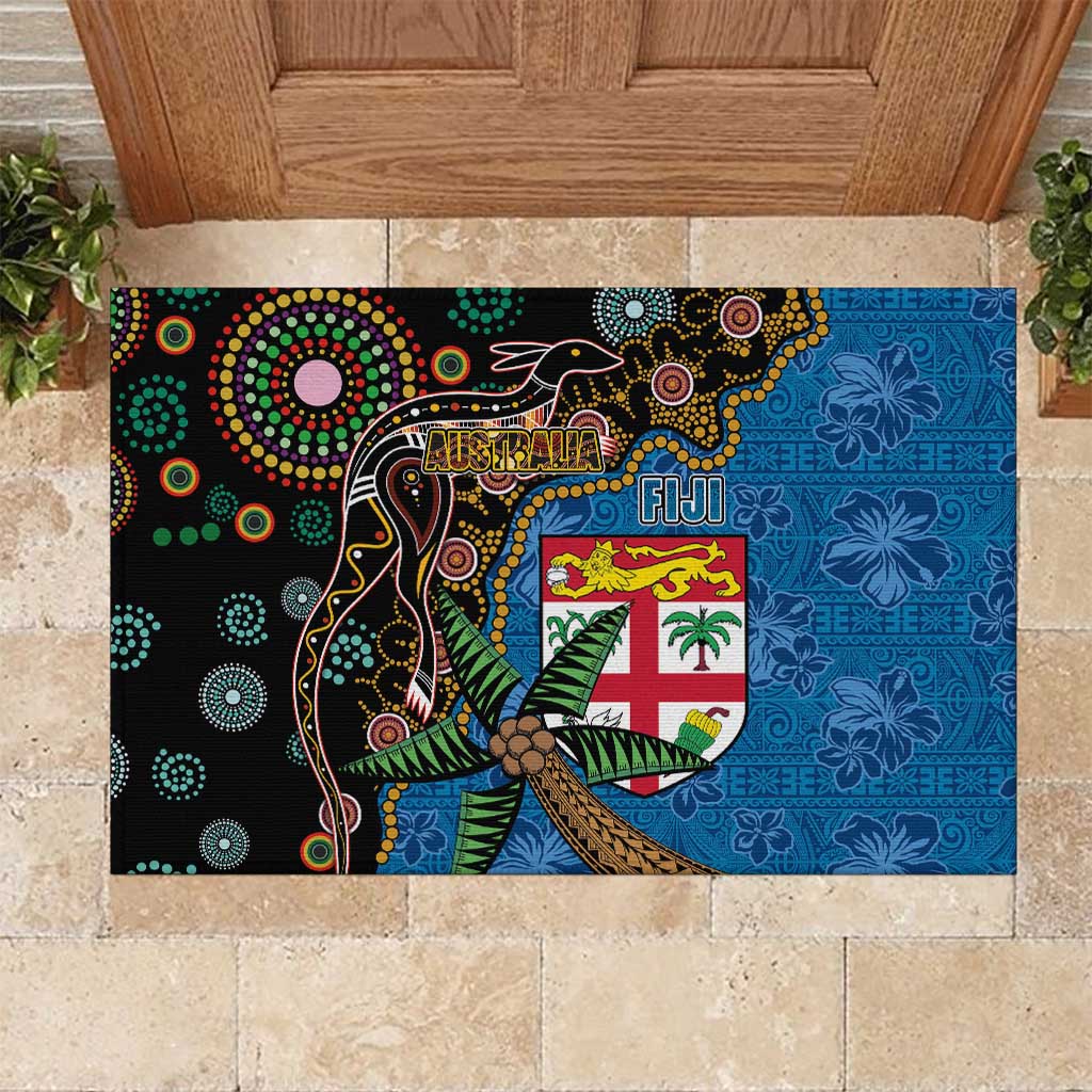Fijian and Australian Culture Together Rubber Doormat Aboriginal Art and Tapa Motifs with Kangaroo and Palm Tree - Polynesian Pride