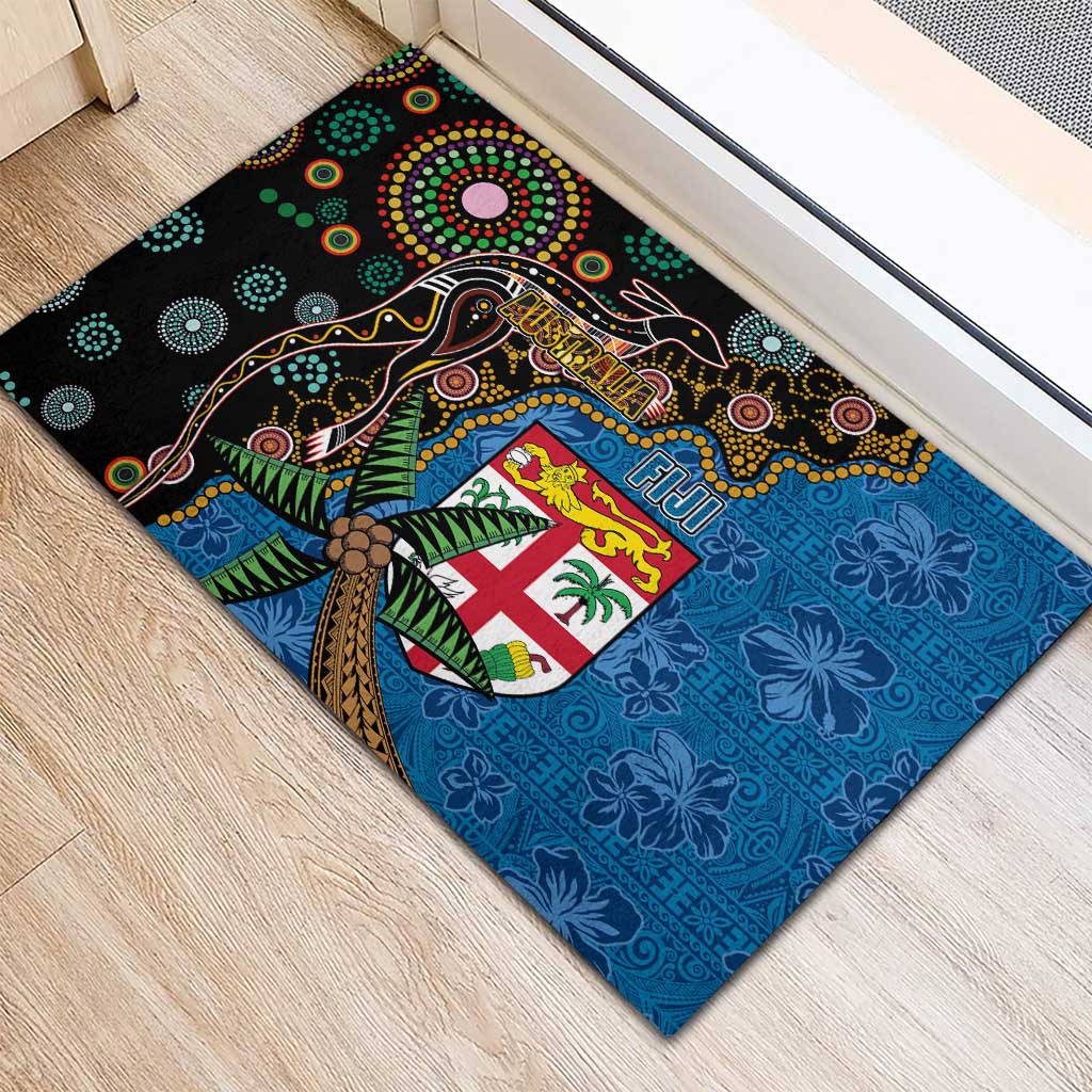 Fijian and Australian Culture Together Rubber Doormat Aboriginal Art and Tapa Motifs with Kangaroo and Palm Tree - Polynesian Pride