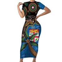 Fijian and Australian Culture Together Short Sleeve Bodycon Dress Aboriginal Art and Tapa Motifs with Kangaroo and Palm Tree - Polynesian Pride