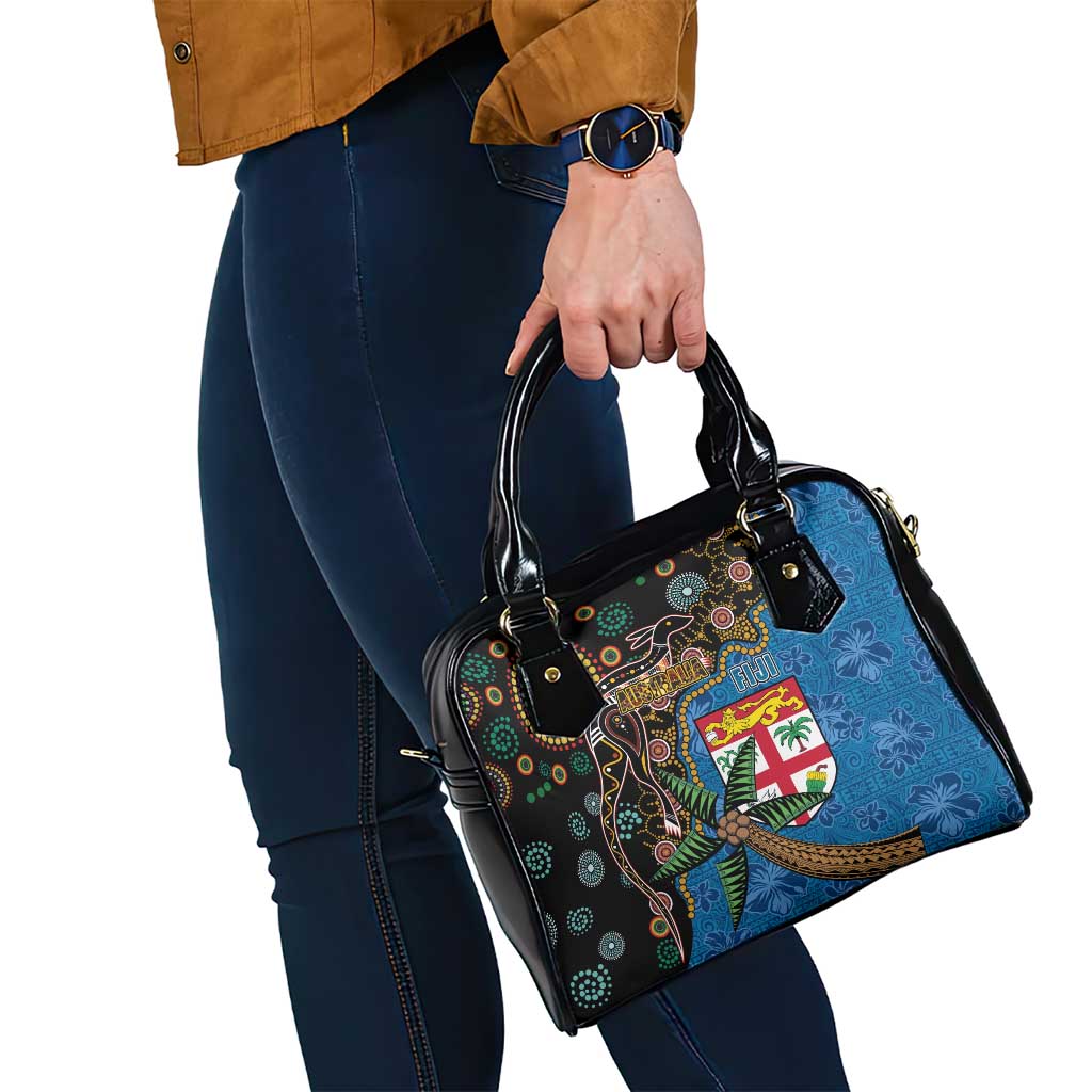 Fijian and Australian Culture Together Shoulder Handbag Aboriginal Art and Tapa Motifs with Kangaroo and Palm Tree - Polynesian Pride