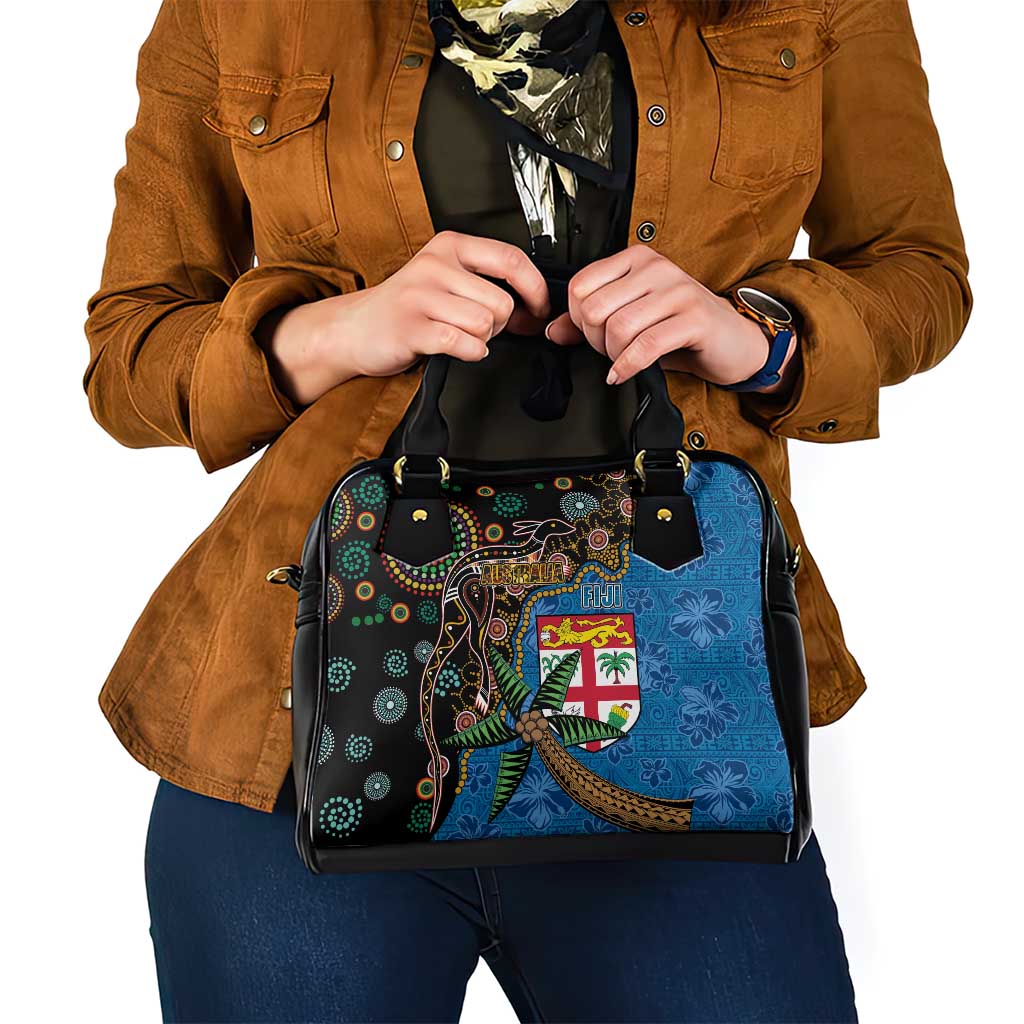 Fijian and Australian Culture Together Shoulder Handbag Aboriginal Art and Tapa Motifs with Kangaroo and Palm Tree - Polynesian Pride