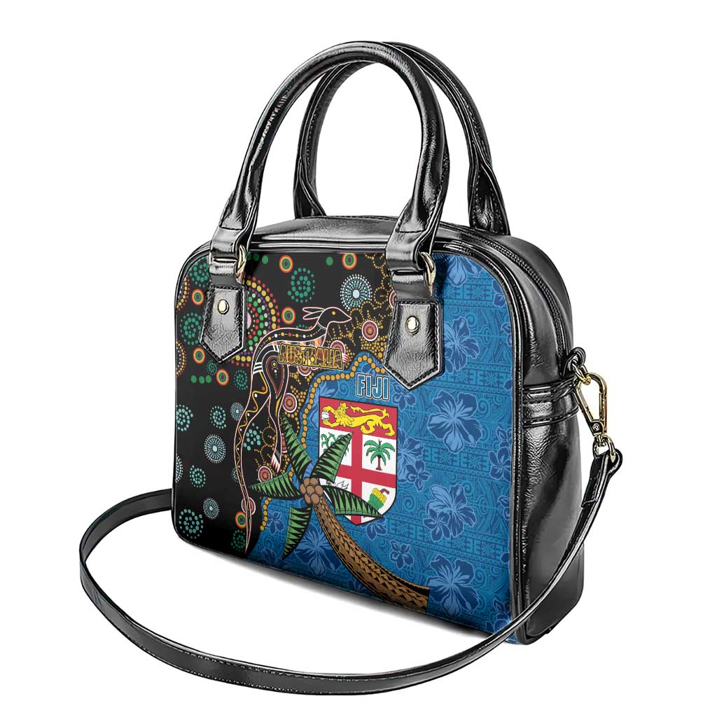 Fijian and Australian Culture Together Shoulder Handbag Aboriginal Art and Tapa Motifs with Kangaroo and Palm Tree - Polynesian Pride