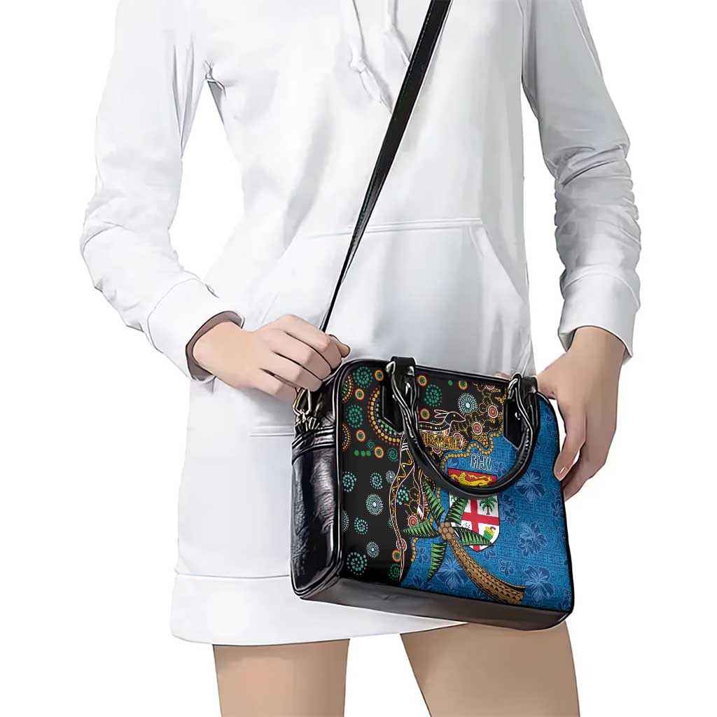 Fijian and Australian Culture Together Shoulder Handbag Aboriginal Art and Tapa Motifs with Kangaroo and Palm Tree - Polynesian Pride