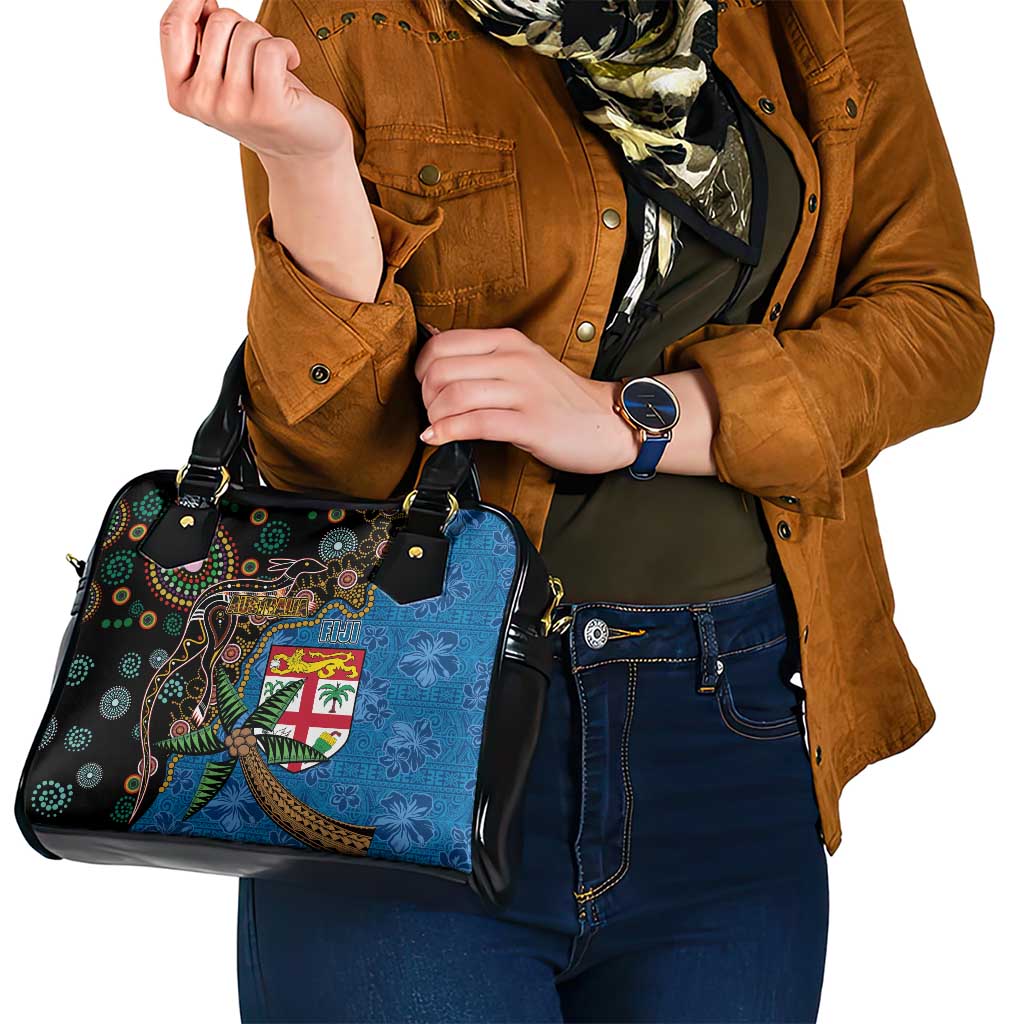 Fijian and Australian Culture Together Shoulder Handbag Aboriginal Art and Tapa Motifs with Kangaroo and Palm Tree - Polynesian Pride