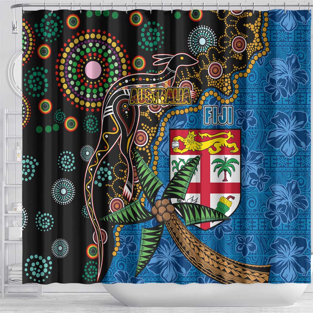 Fijian and Australian Culture Together Shower Curtain Aboriginal Art and Tapa Motifs with Kangaroo and Palm Tree - Polynesian Pride