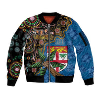 Fijian and Australian Culture Together Sleeve Zip Bomber Jacket Aboriginal Art and Tapa Motifs with Kangaroo and Palm Tree - Polynesian Pride