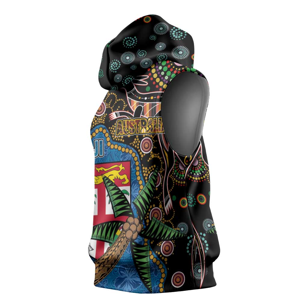 Fijian and Australian Culture Together Sleeveless Hoodie Aboriginal Art and Tapa Motifs with Kangaroo and Palm Tree - Polynesian Pride