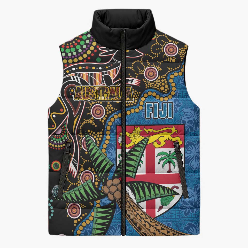 Fijian and Australian Culture Together Sleeveless Puffer Jacket Aboriginal Art and Tapa Motifs with Kangaroo and Palm Tree - Polynesian Pride