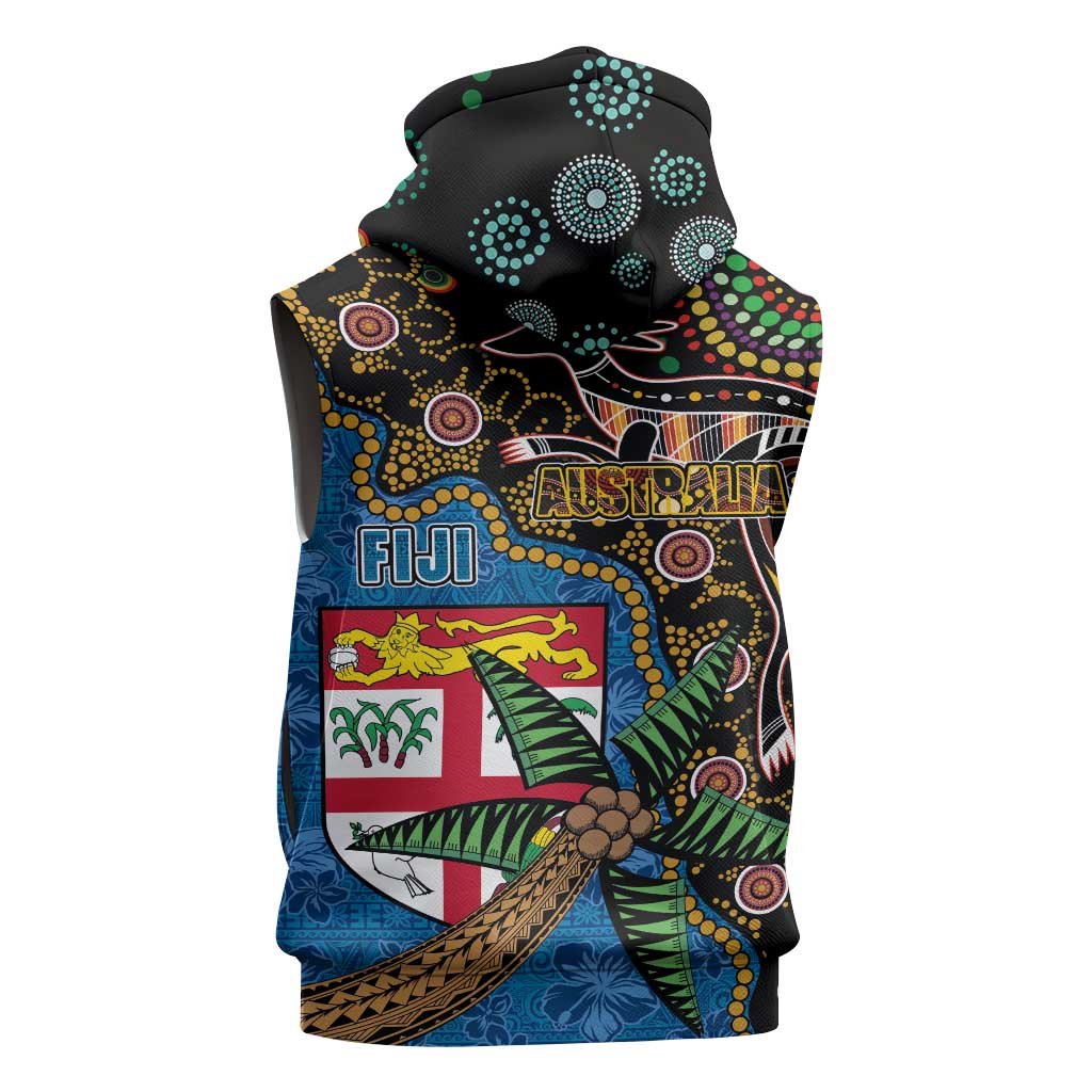 Fijian and Australian Culture Together Sleeveless Zip Hoodie Aboriginal Art and Tapa Motifs with Kangaroo and Palm Tree - Polynesian Pride