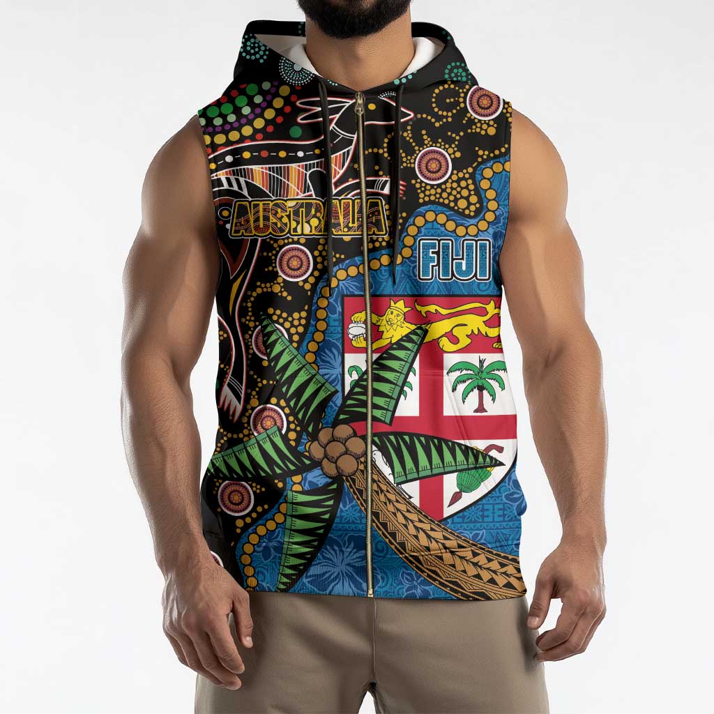 Fijian and Australian Culture Together Sleeveless Zip Hoodie Aboriginal Art and Tapa Motifs with Kangaroo and Palm Tree - Polynesian Pride