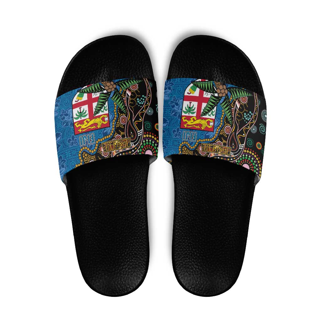Fijian and Australian Culture Together Slide Sandals Aboriginal Art and Tapa Motifs with Kangaroo and Palm Tree - Polynesian Pride