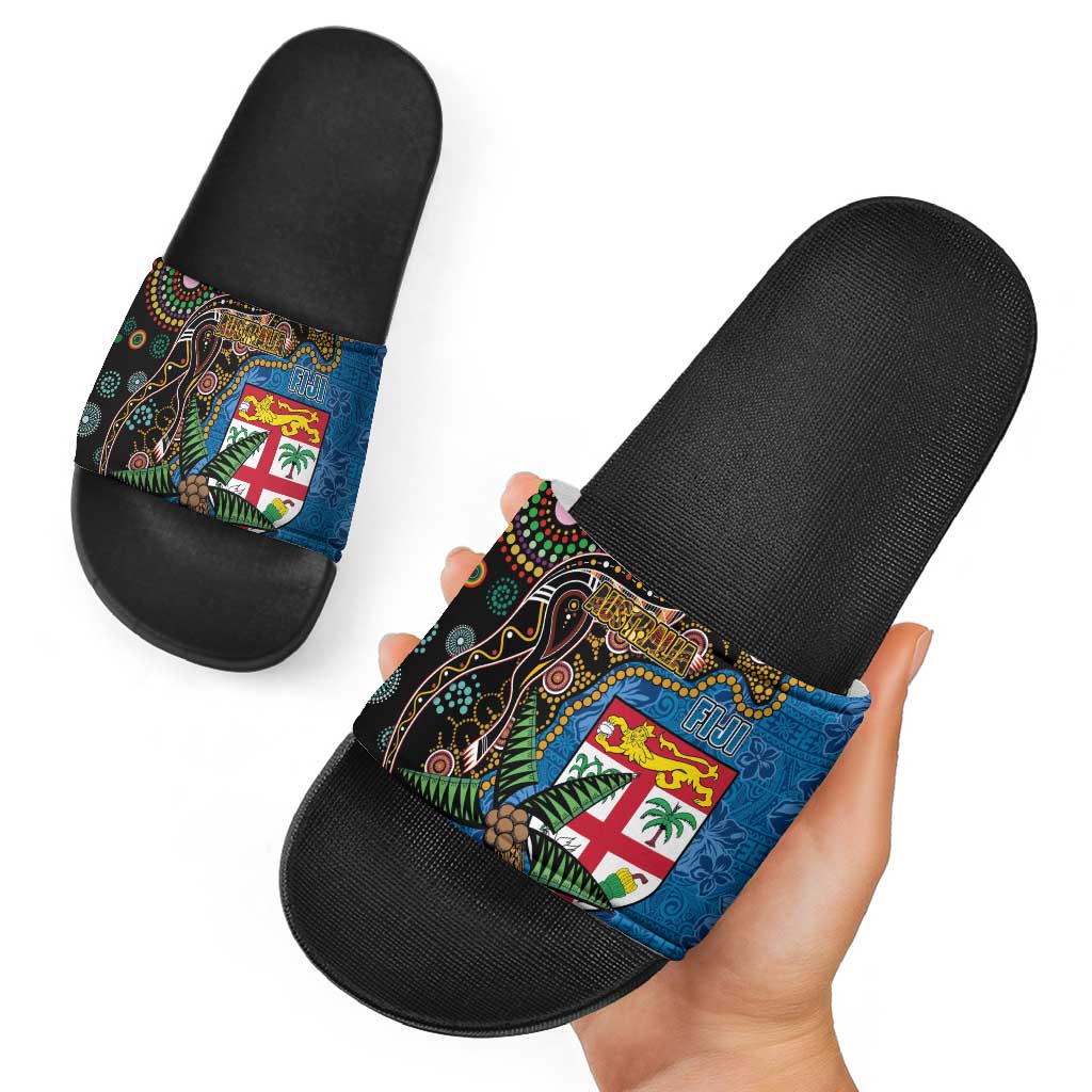 Fijian and Australian Culture Together Slide Sandals Aboriginal Art and Tapa Motifs with Kangaroo and Palm Tree - Polynesian Pride