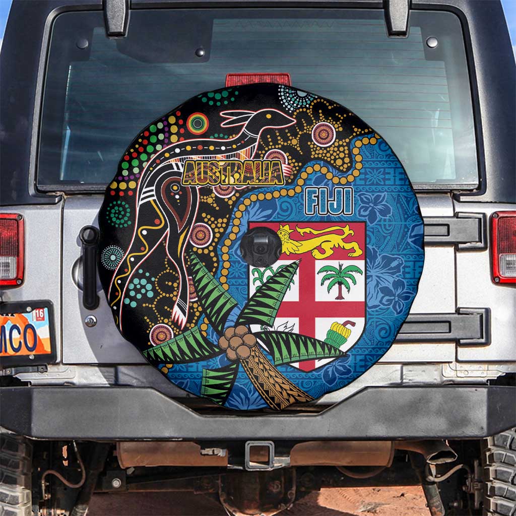 Fijian and Australian Culture Together Spare Tire Cover Aboriginal Art and Tapa Motifs with Kangaroo and Palm Tree - Polynesian Pride