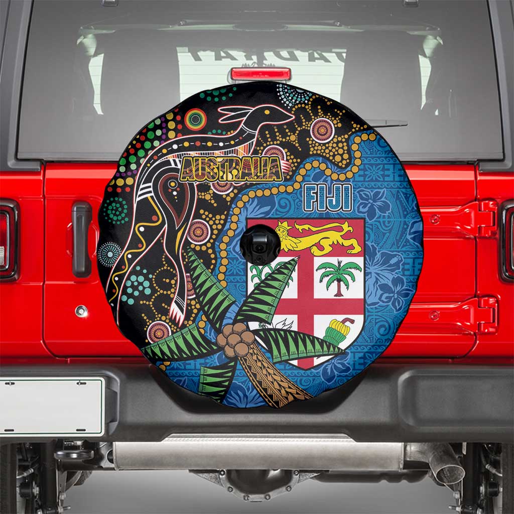 Fijian and Australian Culture Together Spare Tire Cover Aboriginal Art and Tapa Motifs with Kangaroo and Palm Tree - Polynesian Pride