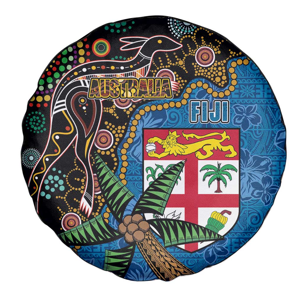 Fijian and Australian Culture Together Spare Tire Cover Aboriginal Art and Tapa Motifs with Kangaroo and Palm Tree - Polynesian Pride