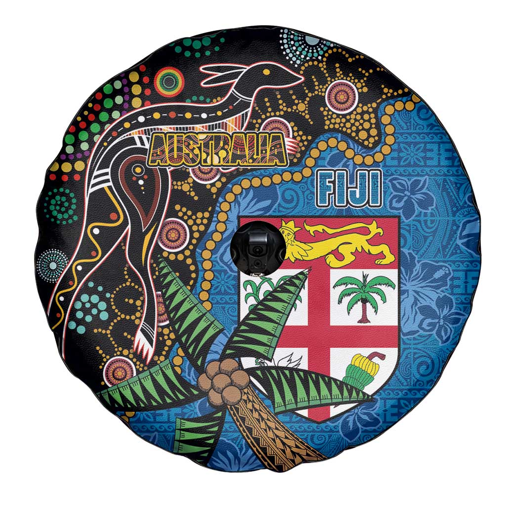 Fijian and Australian Culture Together Spare Tire Cover Aboriginal Art and Tapa Motifs with Kangaroo and Palm Tree - Polynesian Pride