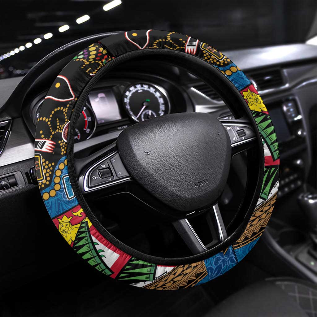 Fijian and Australian Culture Together Steering Wheel Cover Aboriginal Art and Tapa Motifs with Kangaroo and Palm Tree - Polynesian Pride