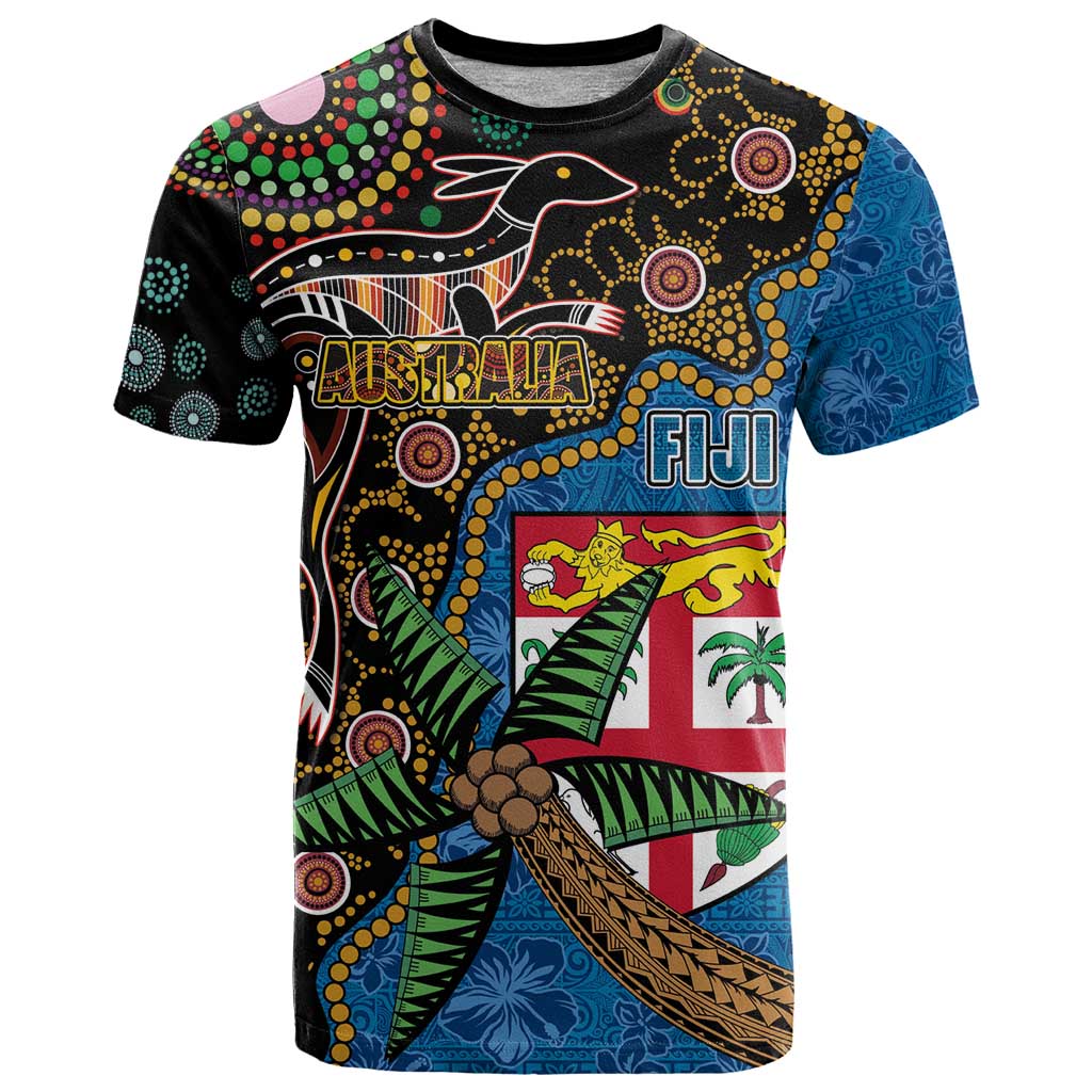 Fijian and Australian Culture Together T Shirt Aboriginal Art and Tapa Motifs with Kangaroo and Palm Tree - Polynesian Pride