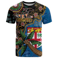Fijian and Australian Culture Together T Shirt Aboriginal Art and Tapa Motifs with Kangaroo and Palm Tree - Polynesian Pride