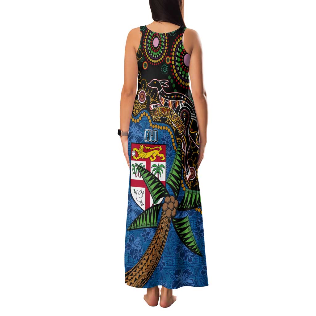 Fijian and Australian Culture Together Tank Maxi Dress Aboriginal Art and Tapa Motifs with Kangaroo and Palm Tree - Polynesian Pride