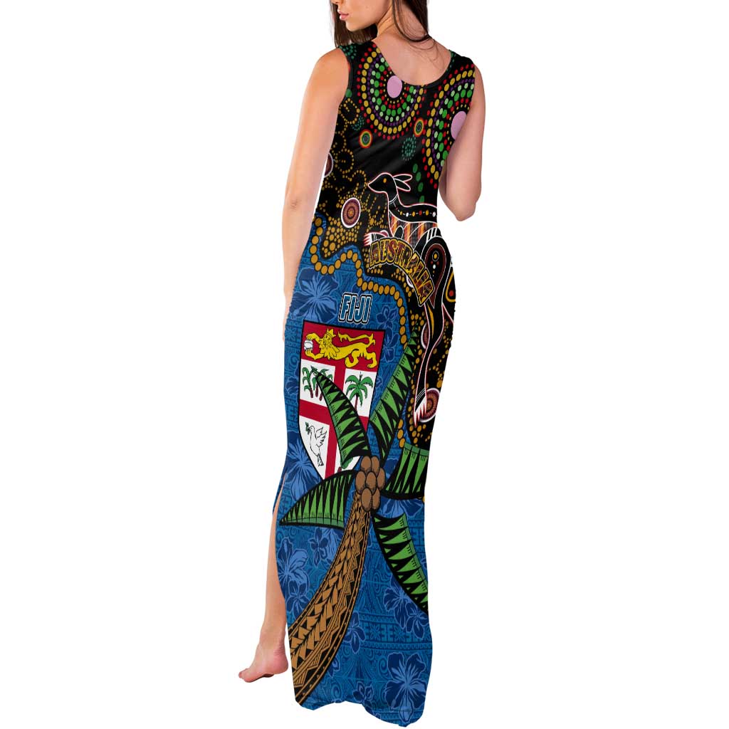 Fijian and Australian Culture Together Tank Maxi Dress Aboriginal Art and Tapa Motifs with Kangaroo and Palm Tree - Polynesian Pride