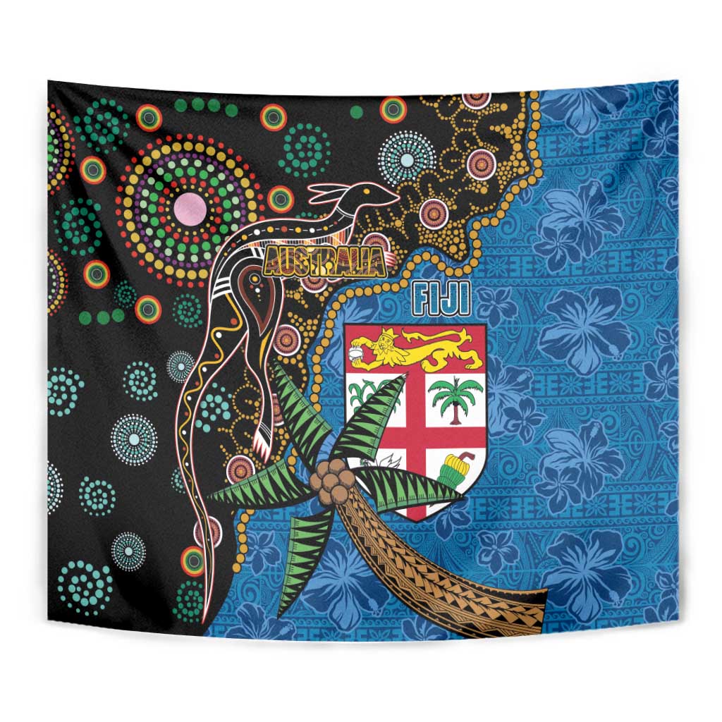 Fijian and Australian Culture Together Tapestry Aboriginal Art and Tapa Motifs with Kangaroo and Palm Tree - Polynesian Pride