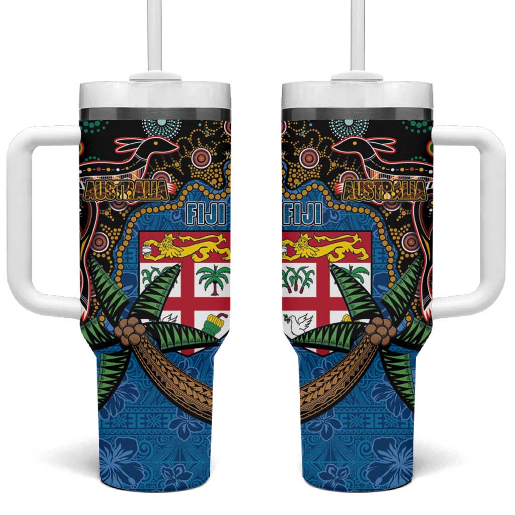 Fijian and Australian Culture Together Tumbler With Handle Aboriginal Art and Tapa Motifs with Kangaroo and Palm Tree - Polynesian Pride