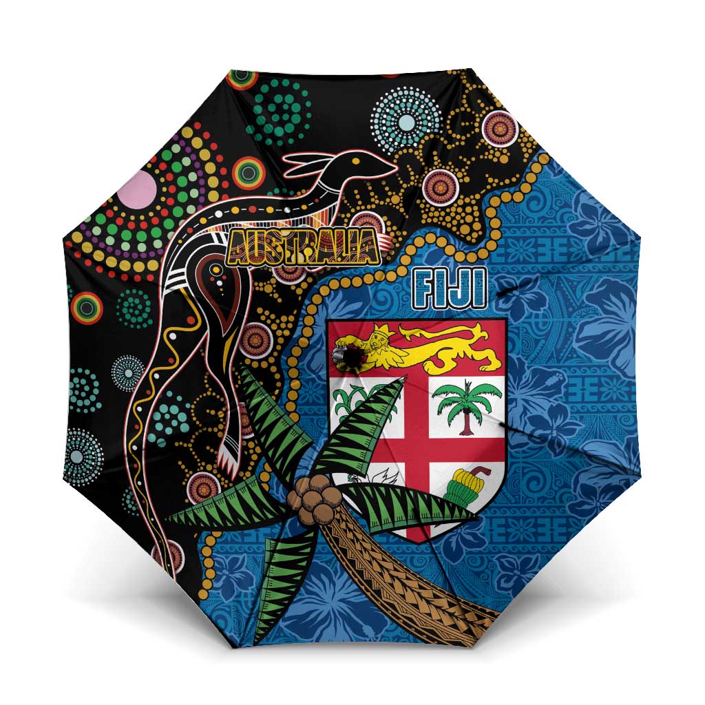Fijian and Australian Culture Together Umbrella Aboriginal Art and Tapa Motifs with Kangaroo and Palm Tree - Polynesian Pride