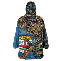 Fijian and Australian Culture Together Wearable Blanket Hoodie Aboriginal Art and Tapa Motifs with Kangaroo and Palm Tree - Polynesian Pride