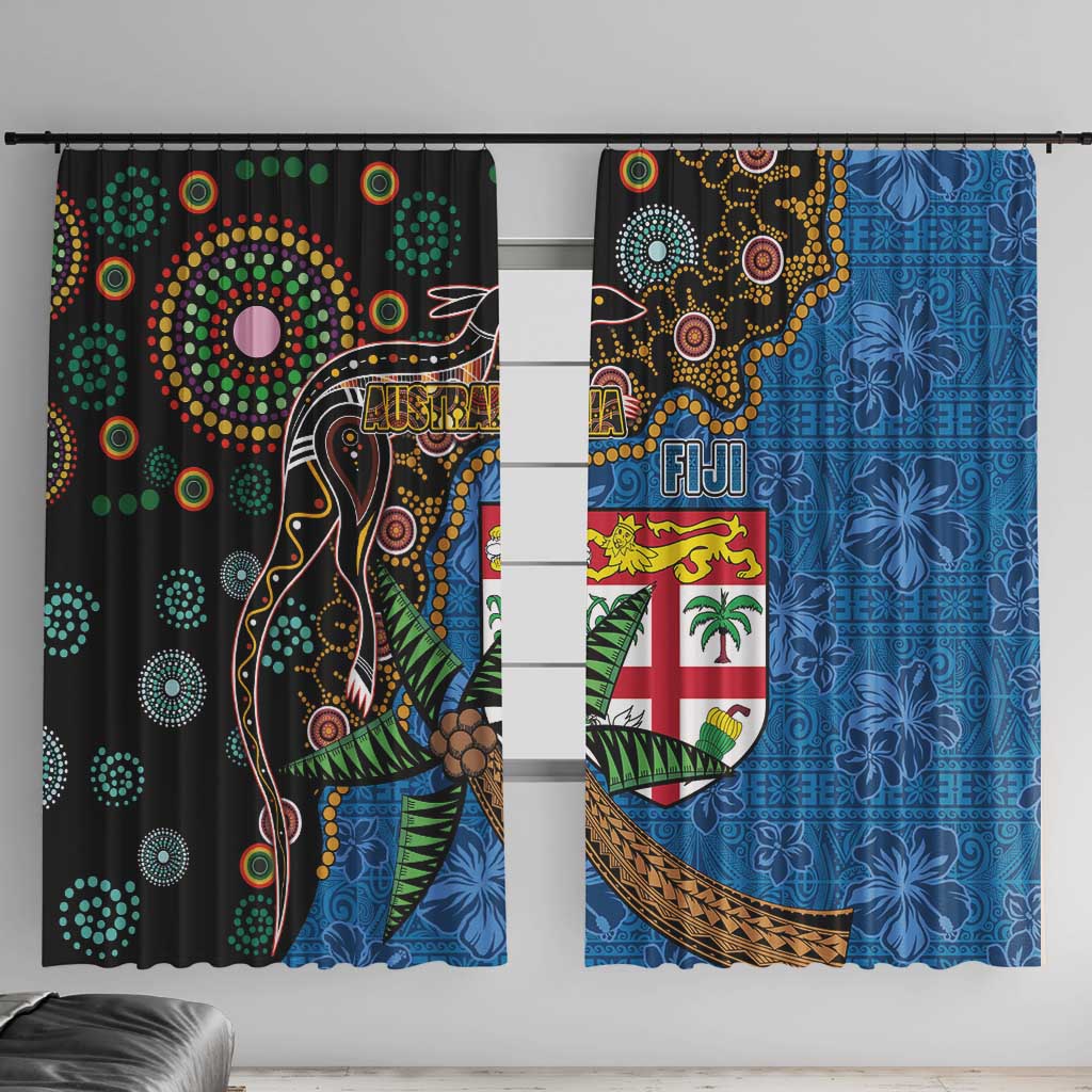 Fijian and Australian Culture Together Window Curtain Aboriginal Art and Tapa Motifs with Kangaroo and Palm Tree - Polynesian Pride