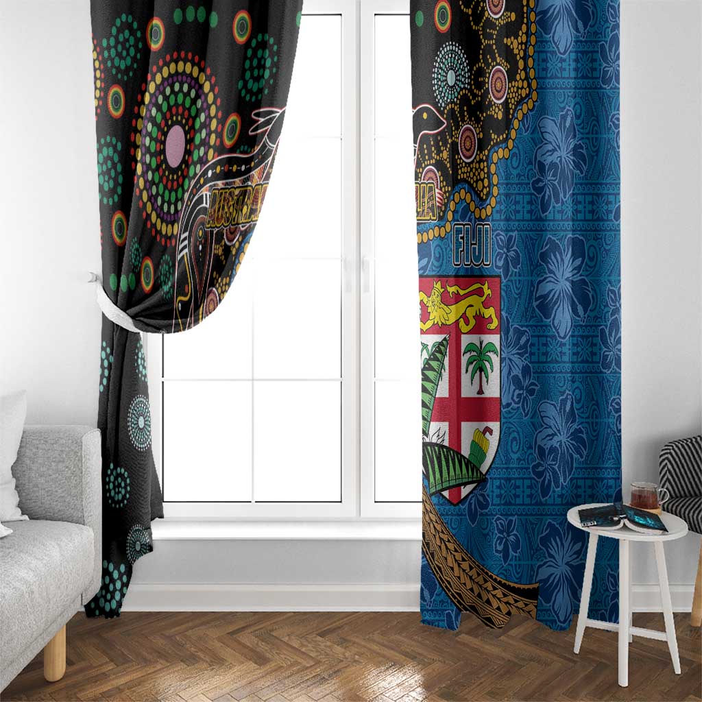 Fijian and Australian Culture Together Window Curtain Aboriginal Art and Tapa Motifs with Kangaroo and Palm Tree - Polynesian Pride