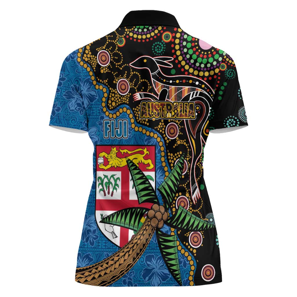 Fijian and Australian Culture Together Women Polo Shirt Aboriginal Art and Tapa Motifs with Kangaroo and Palm Tree - Polynesian Pride