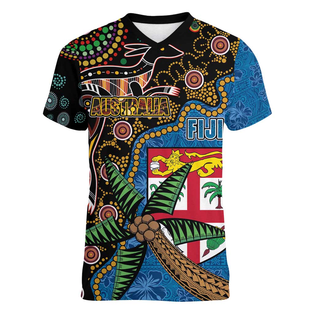 Fijian and Australian Culture Together Women V-Neck T-Shirt Aboriginal Art and Tapa Motifs with Kangaroo and Palm Tree - Polynesian Pride