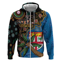 Fijian and Australian Culture Together Zip Hoodie Aboriginal Art and Tapa Motifs with Kangaroo and Palm Tree - Polynesian Pride