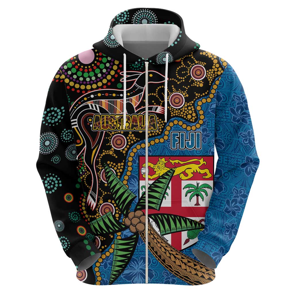 Fijian and Australian Culture Together Zip Hoodie Aboriginal Art and Tapa Motifs with Kangaroo and Palm Tree - Polynesian Pride