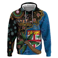 Fijian and Australian Culture Together Zip Hoodie Aboriginal Art and Tapa Motifs with Kangaroo and Palm Tree - Polynesian Pride
