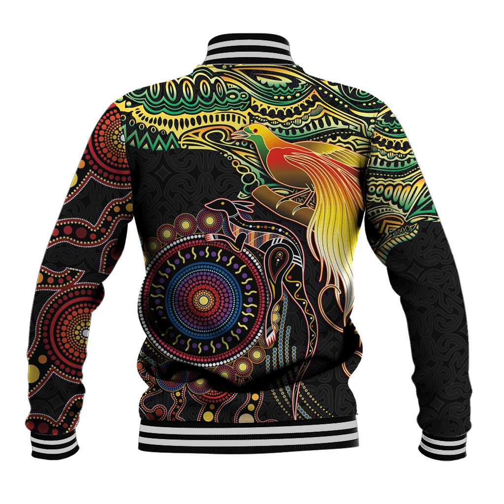 Papua New Guinea and Australia Together Baseball Jacket Bird of Paradise and Kangaroo Melanesian Aboriginal Motifs - Polynesian Pride