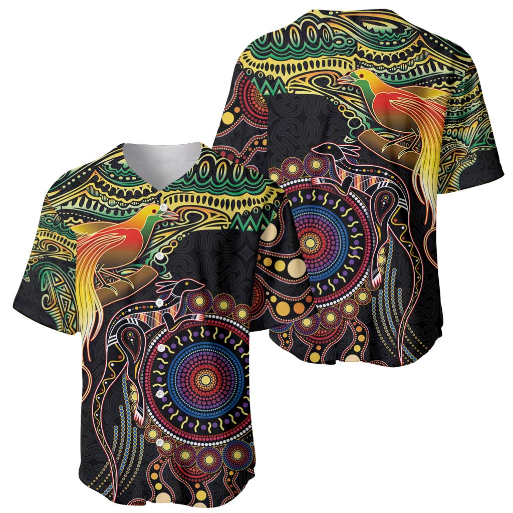 Papua New Guinea and Australia Together Baseball Jersey Bird of Paradise and Kangaroo Melanesian Aboriginal Motifs - Polynesian Pride