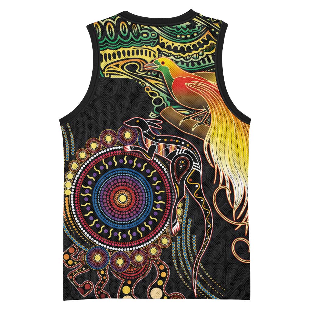 Papua New Guinea and Australia Together Basketball Jersey Bird of Paradise and Kangaroo Melanesian Aboriginal Motifs - Polynesian Pride