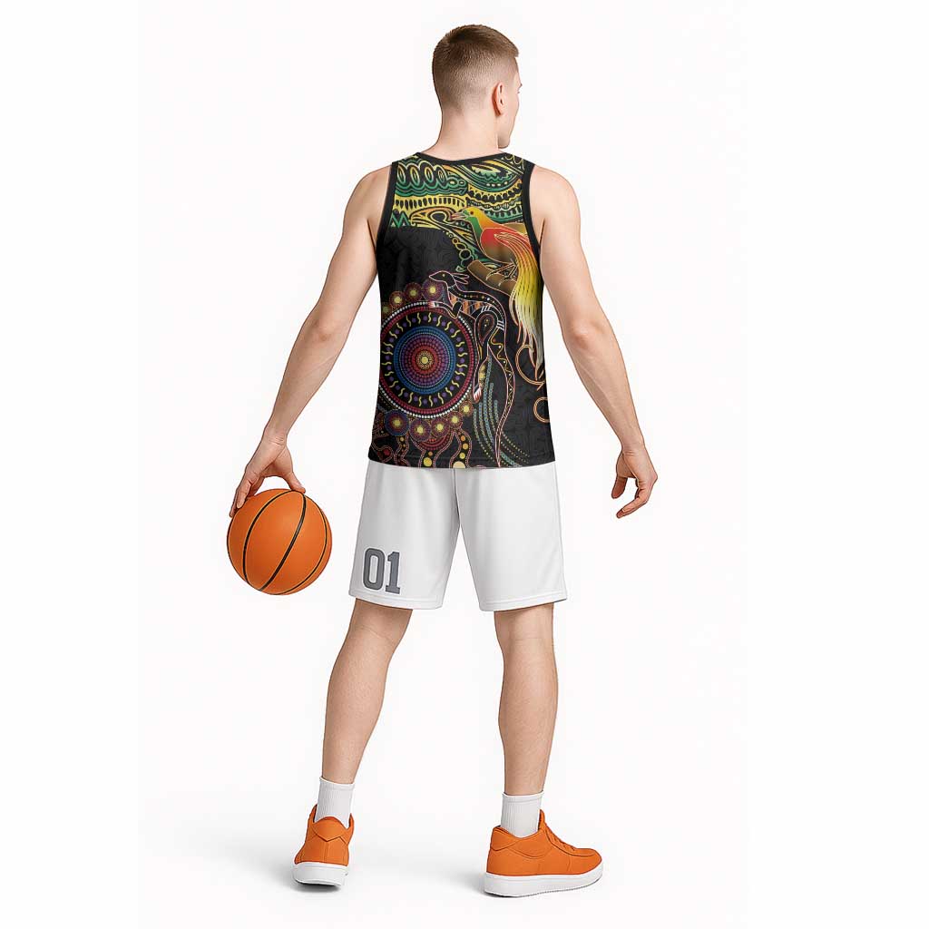Papua New Guinea and Australia Together Basketball Jersey Bird of Paradise and Kangaroo Melanesian Aboriginal Motifs - Polynesian Pride