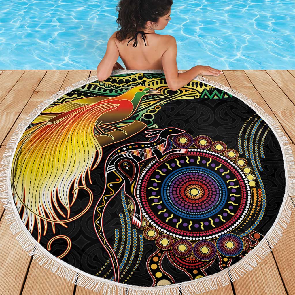 Papua New Guinea and Australia Together Beach Blanket Bird of Paradise and Kangaroo Melanesian Aboriginal Motifs - Polynesian Pride