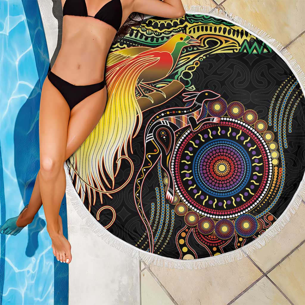 Papua New Guinea and Australia Together Beach Blanket Bird of Paradise and Kangaroo Melanesian Aboriginal Motifs - Polynesian Pride