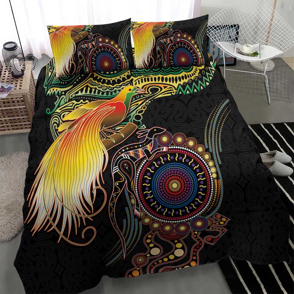 Papua New Guinea and Australia Together Bedding Set Bird of Paradise and Kangaroo Melanesian Aboriginal Motifs - Polynesian Pride