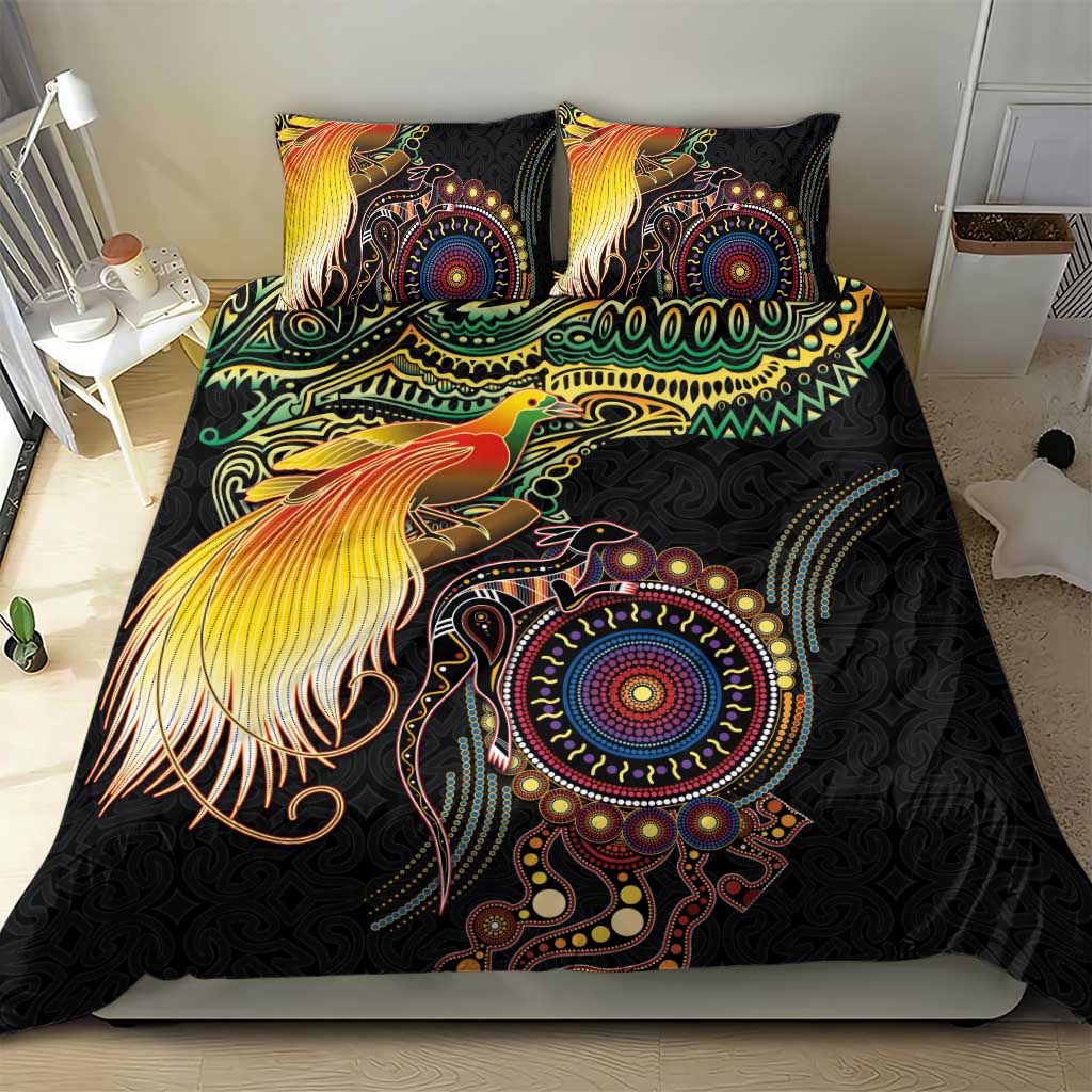 Papua New Guinea and Australia Together Bedding Set Bird of Paradise and Kangaroo Melanesian Aboriginal Motifs - Polynesian Pride