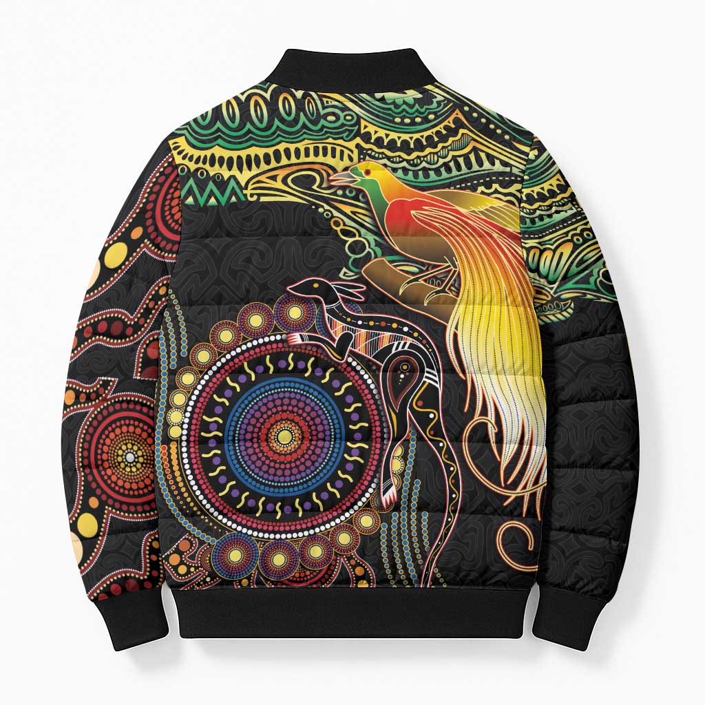 Papua New Guinea and Australia Together Bomber Puffer Jacket Bird of Paradise and Kangaroo Melanesian Aboriginal Motifs - Polynesian Pride