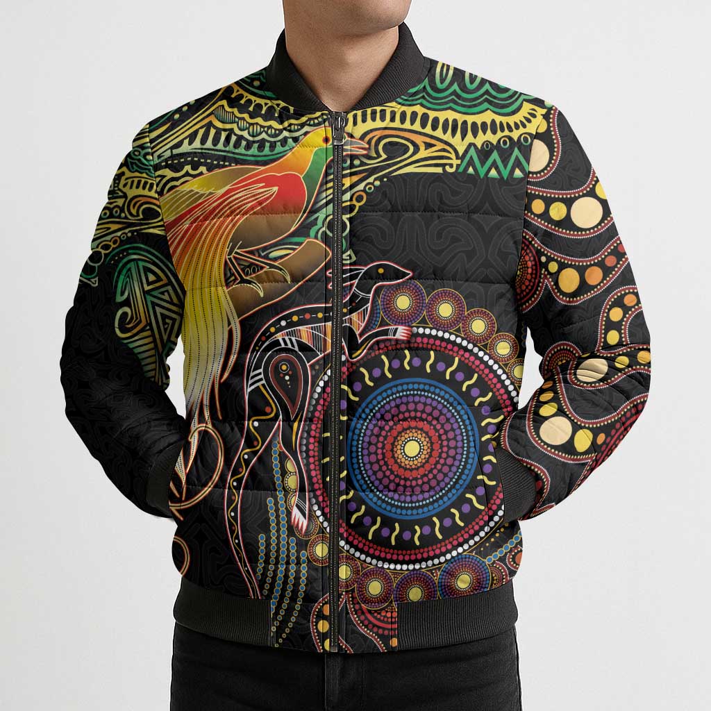 Papua New Guinea and Australia Together Bomber Puffer Jacket Bird of Paradise and Kangaroo Melanesian Aboriginal Motifs - Polynesian Pride