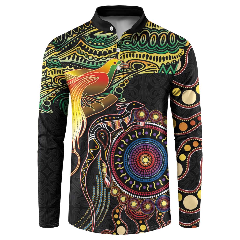 Papua New Guinea and Australia Together Button Sweatshirt Bird of Paradise and Kangaroo Melanesian Aboriginal Motifs - Polynesian Pride