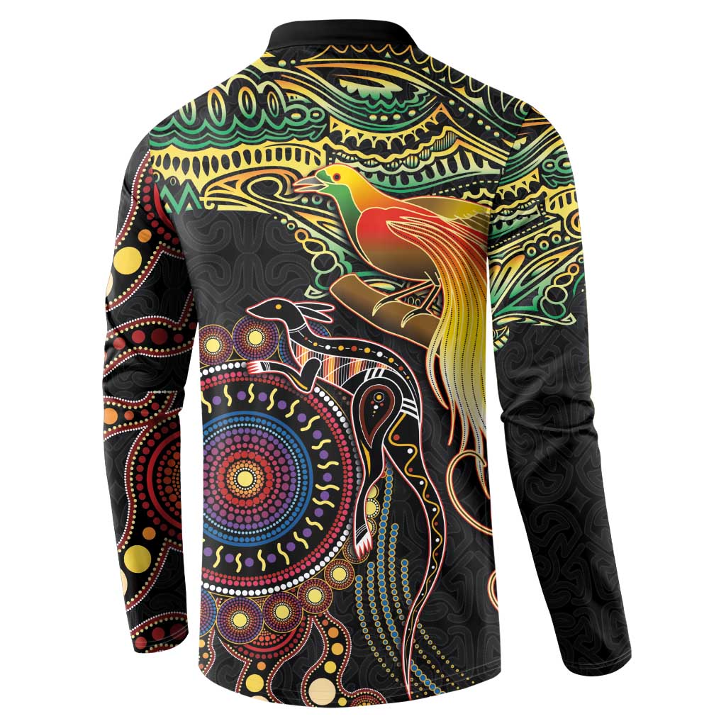 Papua New Guinea and Australia Together Button Sweatshirt Bird of Paradise and Kangaroo Melanesian Aboriginal Motifs - Polynesian Pride