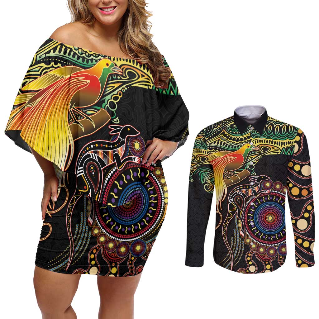 Papua New Guinea and Australia Together Couples Matching Off Shoulder Short Dress and Long Sleeve Button Shirt Bird of Paradise and Kangaroo Melanesian Aboriginal Motifs - Polynesian Pride